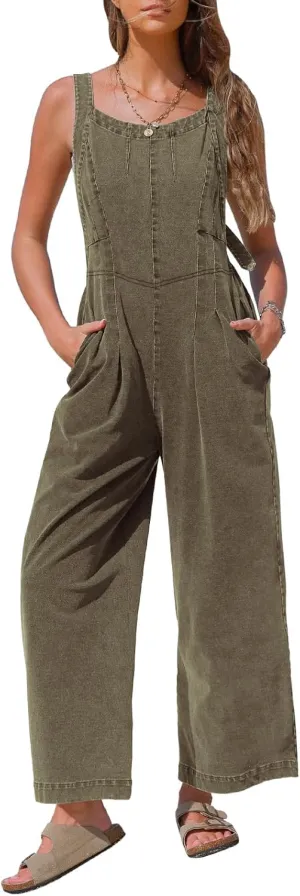 EXLURA Women Summer Overalls Denim Loose Fit Wide Leg Bib Jumpsuits Casual Adjustable Baggy Jeans Romper with Pockets 2025