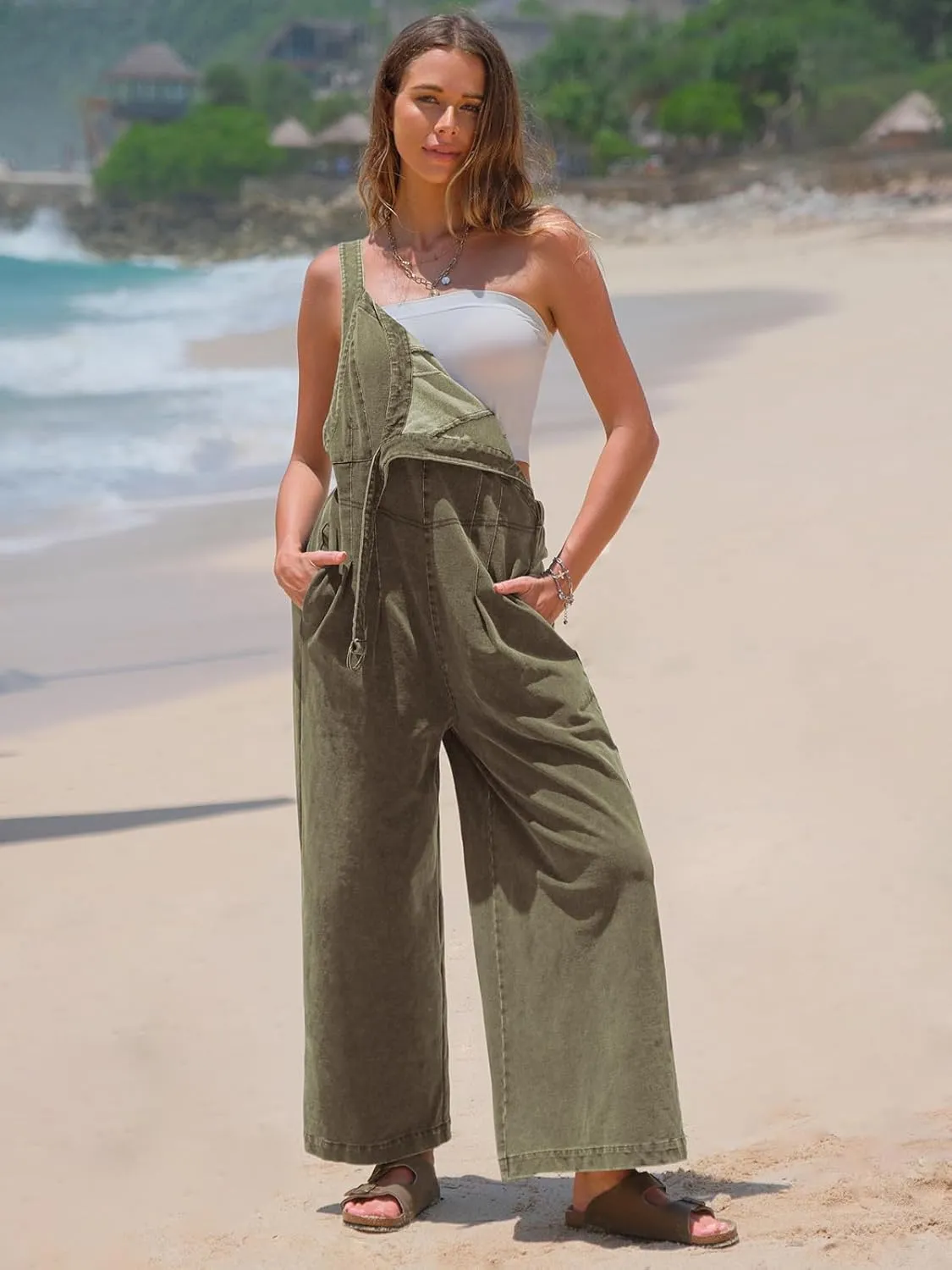 EXLURA Women Summer Overalls Denim Loose Fit Wide Leg Bib Jumpsuits Casual Adjustable Baggy Jeans Romper with Pockets 2025