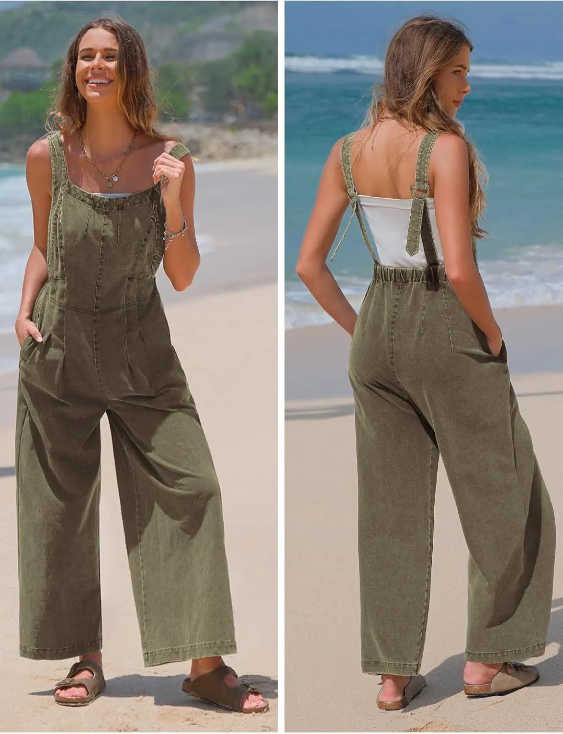 EXLURA Women Summer Overalls Denim Loose Fit Wide Leg Bib Jumpsuits Casual Adjustable Baggy Jeans Romper with Pockets 2025