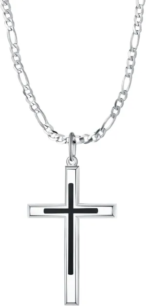 FANCIME White Gold Plated 925 Sterling Silver Cross Pendant Necklace With 4MM Figaro Solid Curb Link Chain Gifts for Him Men, 24-INCH