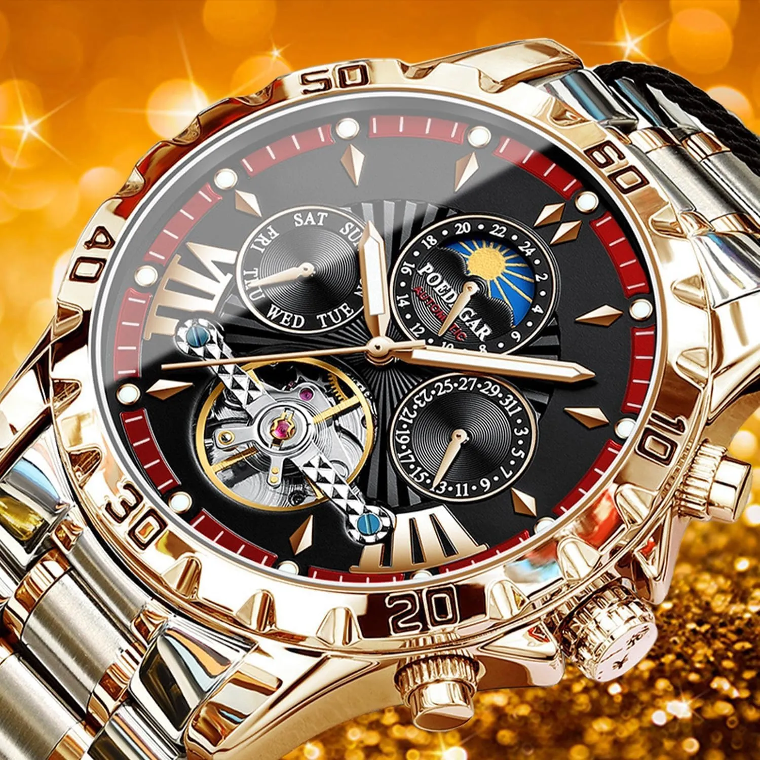 FANMIS Men's Gold Luxury Mechanical Watch Moon Phase Tourbillon Automatic Self-Wind Wristwatch Waterproof Luminous Business Dress Watch with Stainless Steel Band