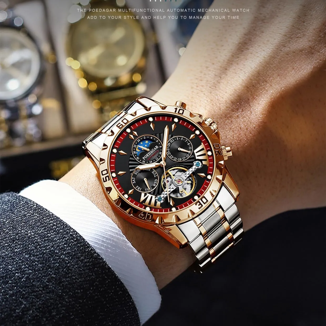 FANMIS Men's Gold Luxury Mechanical Watch Moon Phase Tourbillon Automatic Self-Wind Wristwatch Waterproof Luminous Business Dress Watch with Stainless Steel Band