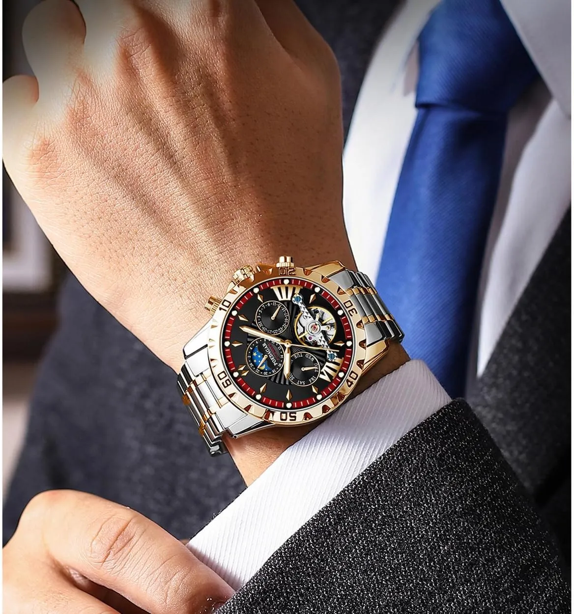 FANMIS Men's Gold Luxury Mechanical Watch Moon Phase Tourbillon Automatic Self-Wind Wristwatch Waterproof Luminous Business Dress Watch with Stainless Steel Band