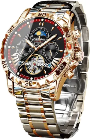 FANMIS Men's Gold Luxury Mechanical Watch Moon Phase Tourbillon Automatic Self-Wind Wristwatch Waterproof Luminous Business Dress Watch with Stainless Steel Band