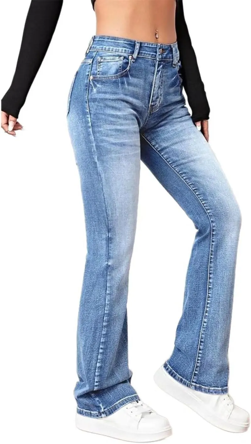 Flamingals Straight Leg Jeans for Women Low Rise Flamingo Stretch Jeans Skinny Wide Leg Denim Pants