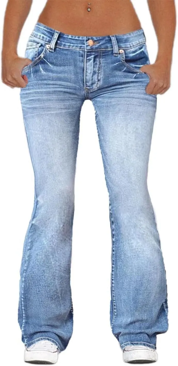 Flamingals Straight Leg Jeans for Women Low Rise Flamingo Stretch Jeans Skinny Wide Leg Denim Pants