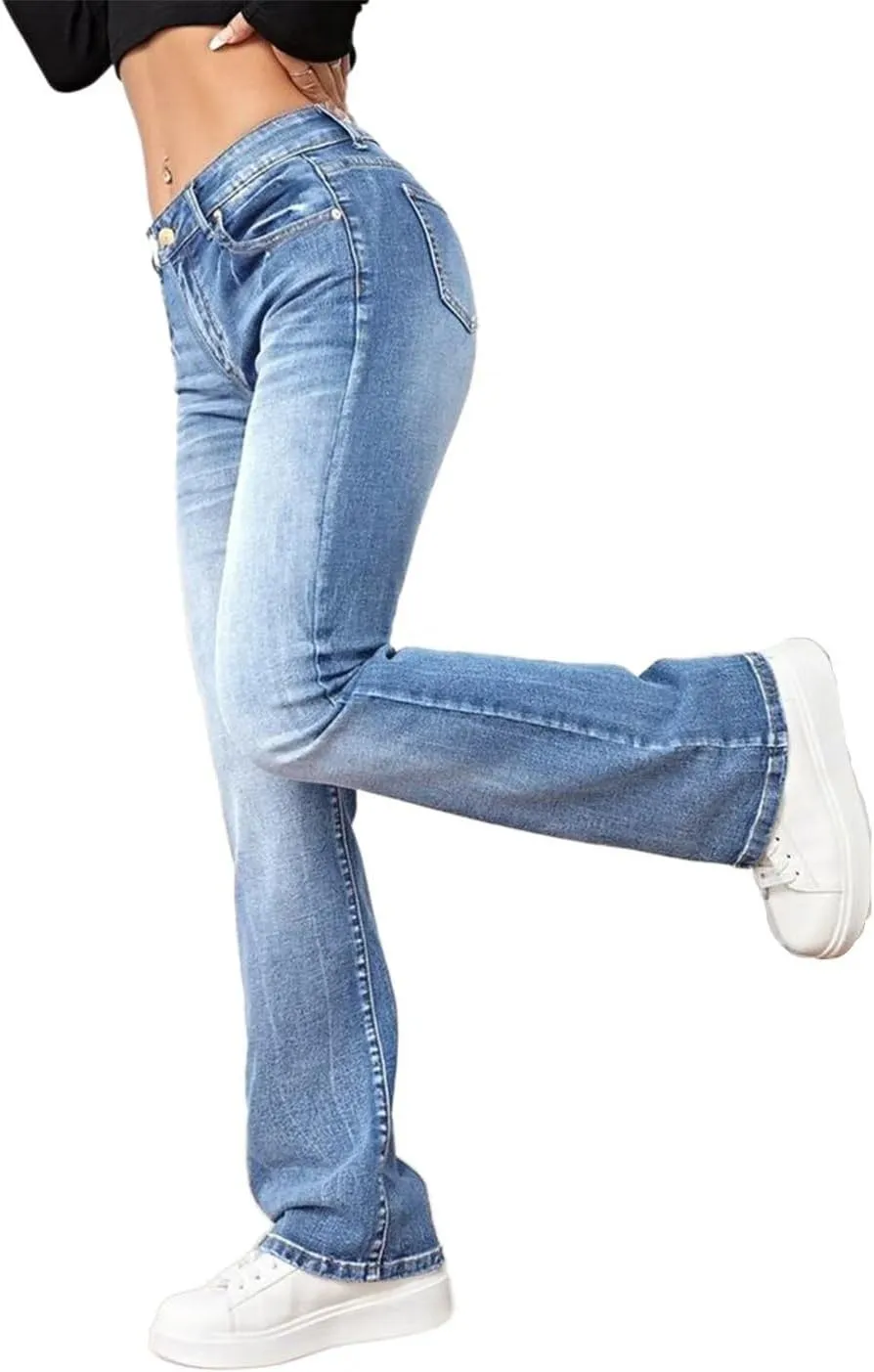 Flamingals Straight Leg Jeans for Women Low Rise Flamingo Stretch Jeans Skinny Wide Leg Denim Pants