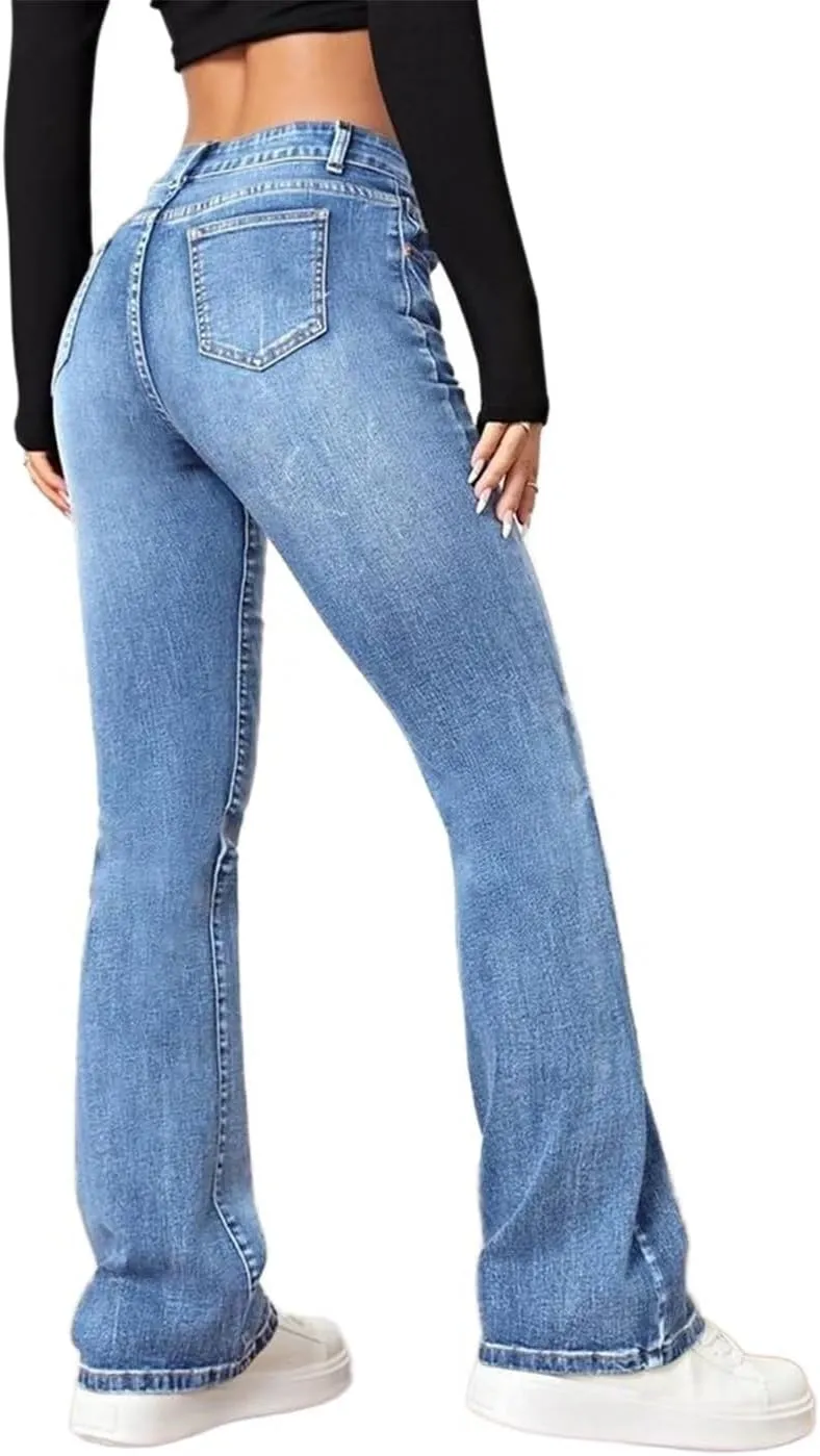 Flamingals Straight Leg Jeans for Women Low Rise Flamingo Stretch Jeans Skinny Wide Leg Denim Pants