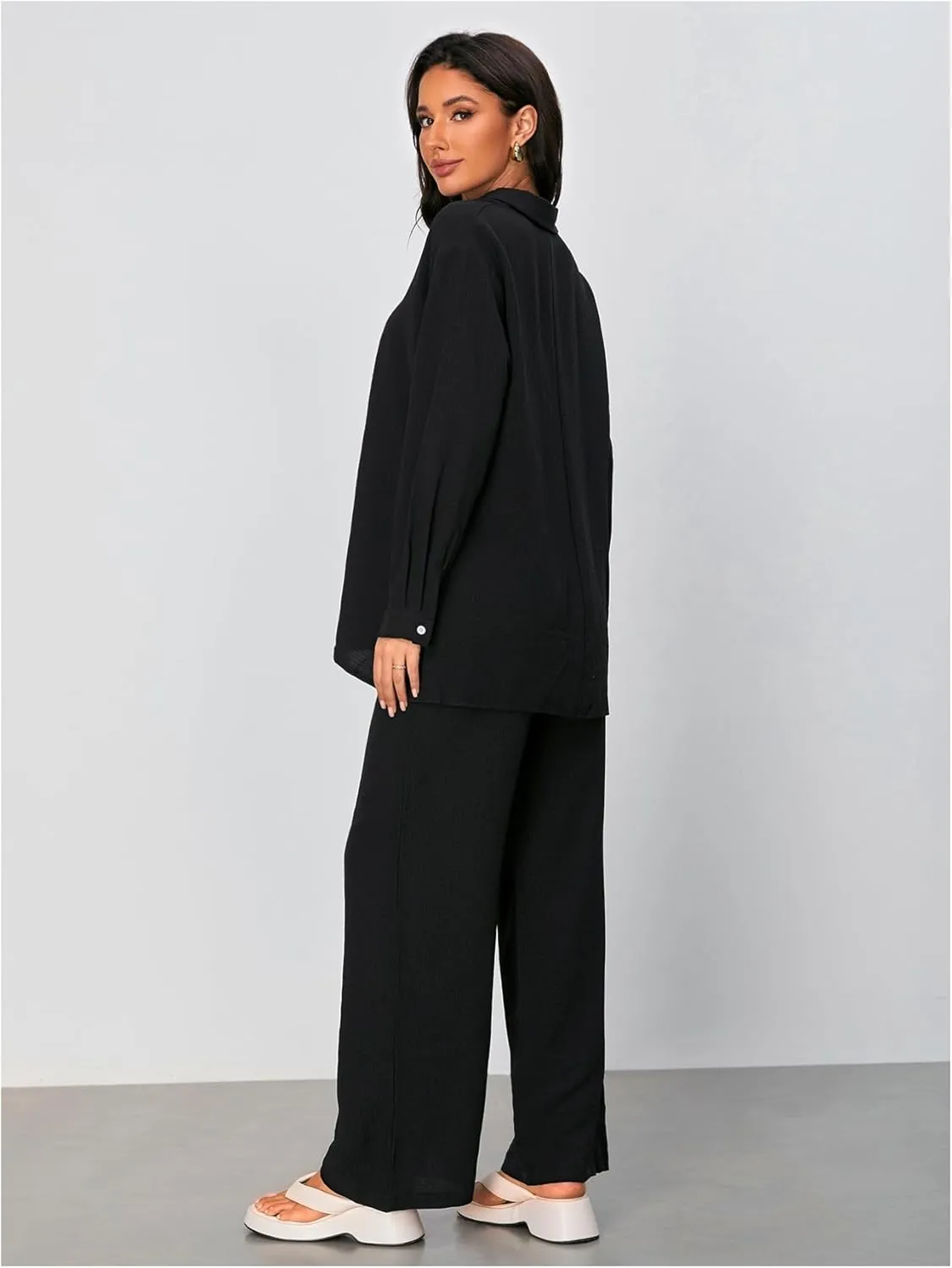 Floerns Women's 2 Piece Outfits Slit Hem Longline Blouse and Wide Leg Pants Set