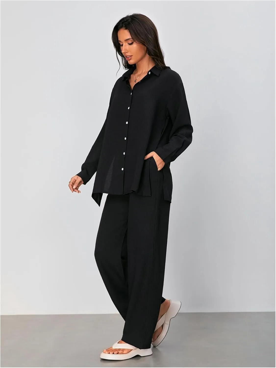 Floerns Women's 2 Piece Outfits Slit Hem Longline Blouse and Wide Leg Pants Set
