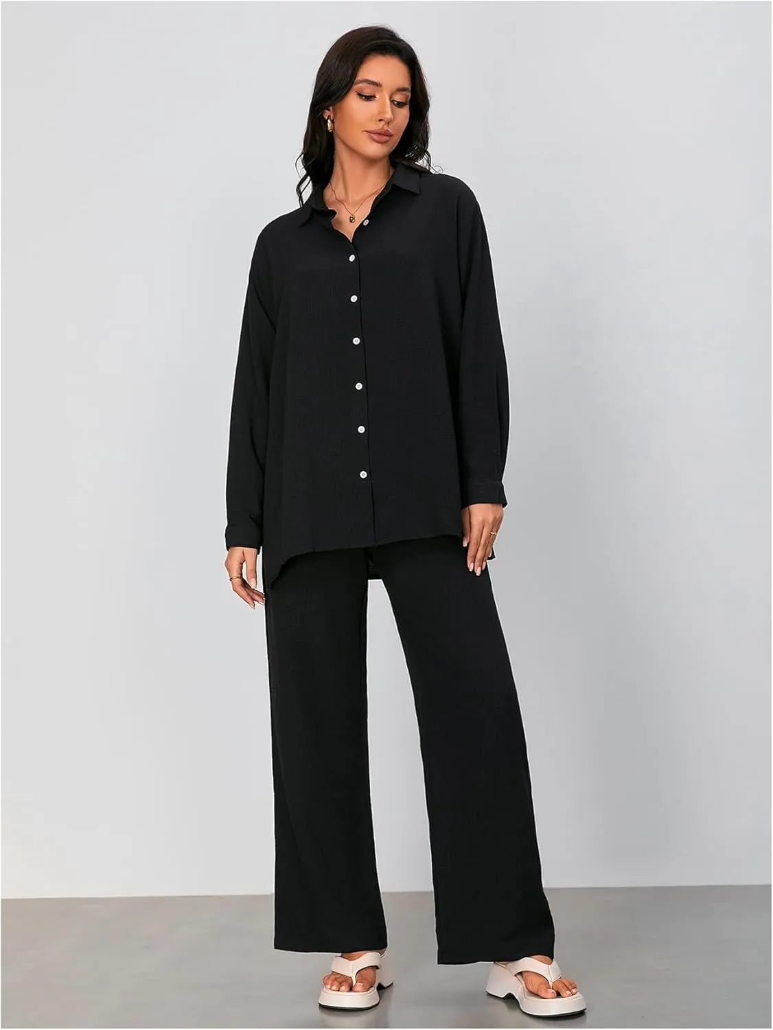 Floerns Women's 2 Piece Outfits Slit Hem Longline Blouse and Wide Leg Pants Set