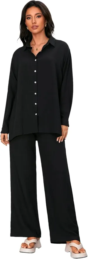 Floerns Women's 2 Piece Outfits Slit Hem Longline Blouse and Wide Leg Pants Set