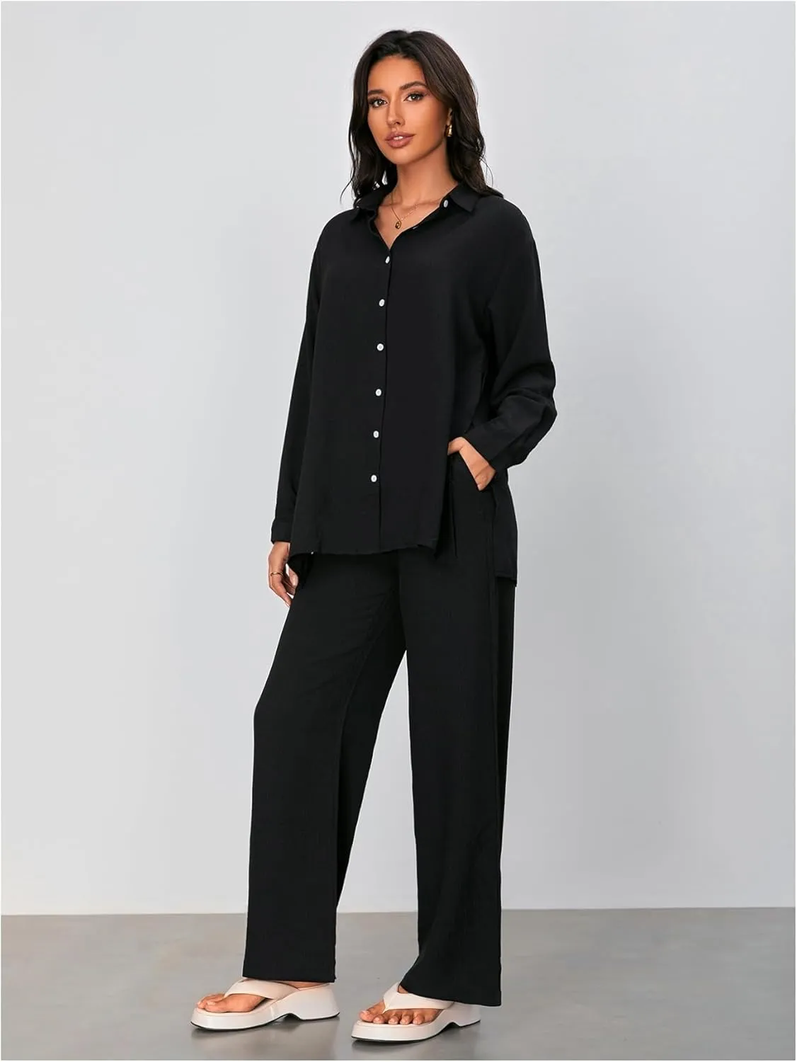 Floerns Women's 2 Piece Outfits Slit Hem Longline Blouse and Wide Leg Pants Set