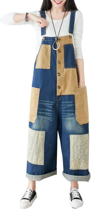 Flygo Women's Baggy Denim Wide Leg Drop Crotch Splicing Overalls Jumpsuit Romper Harem Pants (One Size, Style 33 Dark Blue)