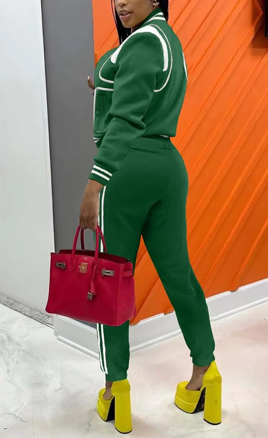Fooullaide Women's Varsity Jacket Sweatsuit 2 Piece Tracksuit Crop Top Button Down Letterman Jackets Pants Sets