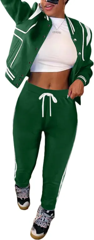 Fooullaide Women's Varsity Jacket Sweatsuit 2 Piece Tracksuit Crop Top Button Down Letterman Jackets Pants Sets