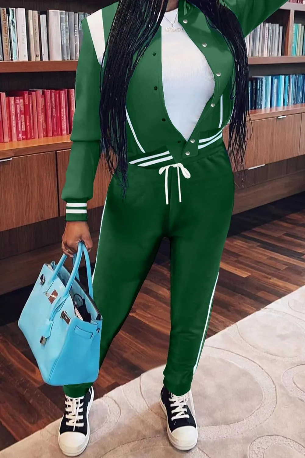 Fooullaide Women's Varsity Jacket Sweatsuit 2 Piece Tracksuit Crop Top Button Down Letterman Jackets Pants Sets