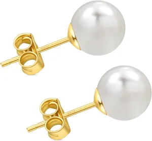 Freshwater Pearl Stud Earrings for Women, Hypoallergenic 18K Gold Vermeil Earrings Studs with Genuine Round White Pearls