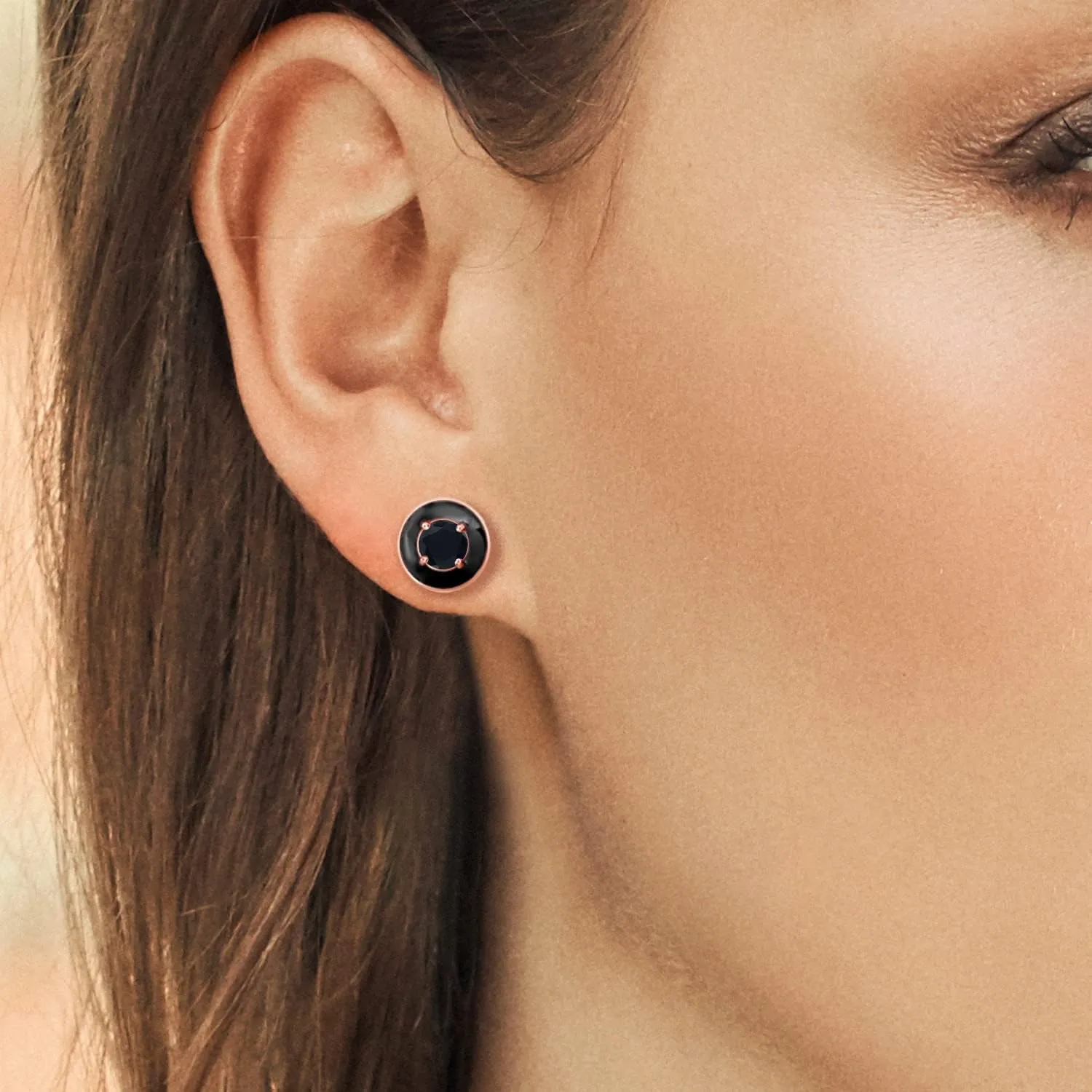 Gem Stone King 18K Gold Plated Sterling Silver 5MM Round Gemstone Birthstone Black Enamel Stud Earrings | Gold Earrings For Women Men