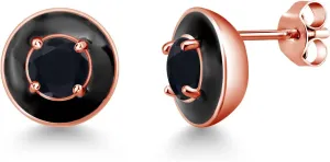 Gem Stone King 18K Gold Plated Sterling Silver 5MM Round Gemstone Birthstone Black Enamel Stud Earrings | Gold Earrings For Women Men