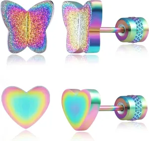 Gemsme 316L Stainless Steel Stud Earrings Set - 2 Pairs Flat Back Hypoallergenic Titanium Butterfly and Heart Shaped Screw Back Earrings for Women Men