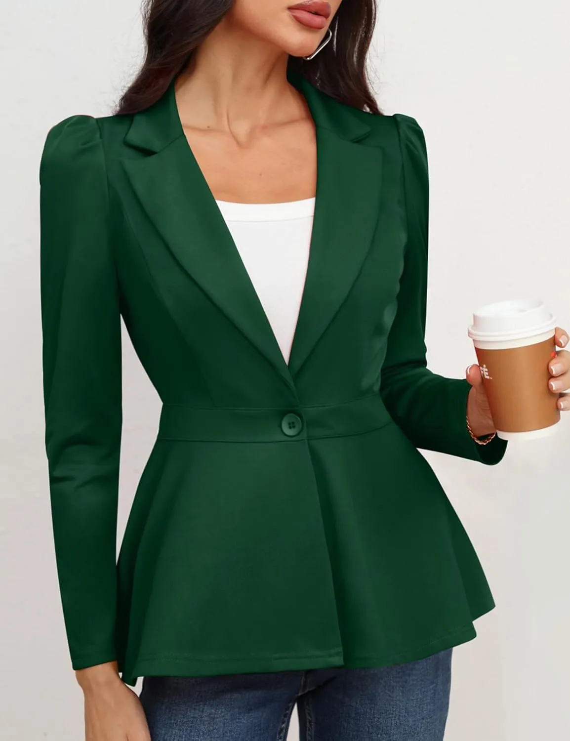 Genhoo Women's Business Casual Blazer Jackets Dressy Puff Sleeve Single Button Peplum Comfy Work Office Blazers