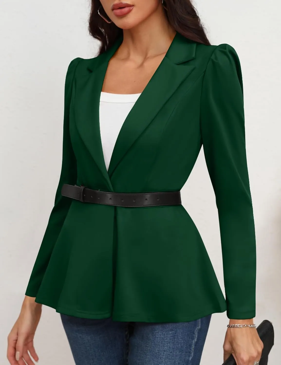 Genhoo Women's Business Casual Blazer Jackets Dressy Puff Sleeve Single Button Peplum Comfy Work Office Blazers