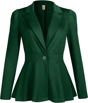 Genhoo Women's Business Casual Blazer Jackets Dressy Puff Sleeve Single Button Peplum Comfy Work Office Blazers