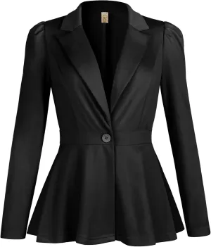 Genhoo Women's Business Casual Blazer Jackets Dressy Puff Sleeve Single Button Peplum Comfy Work Office Blazers