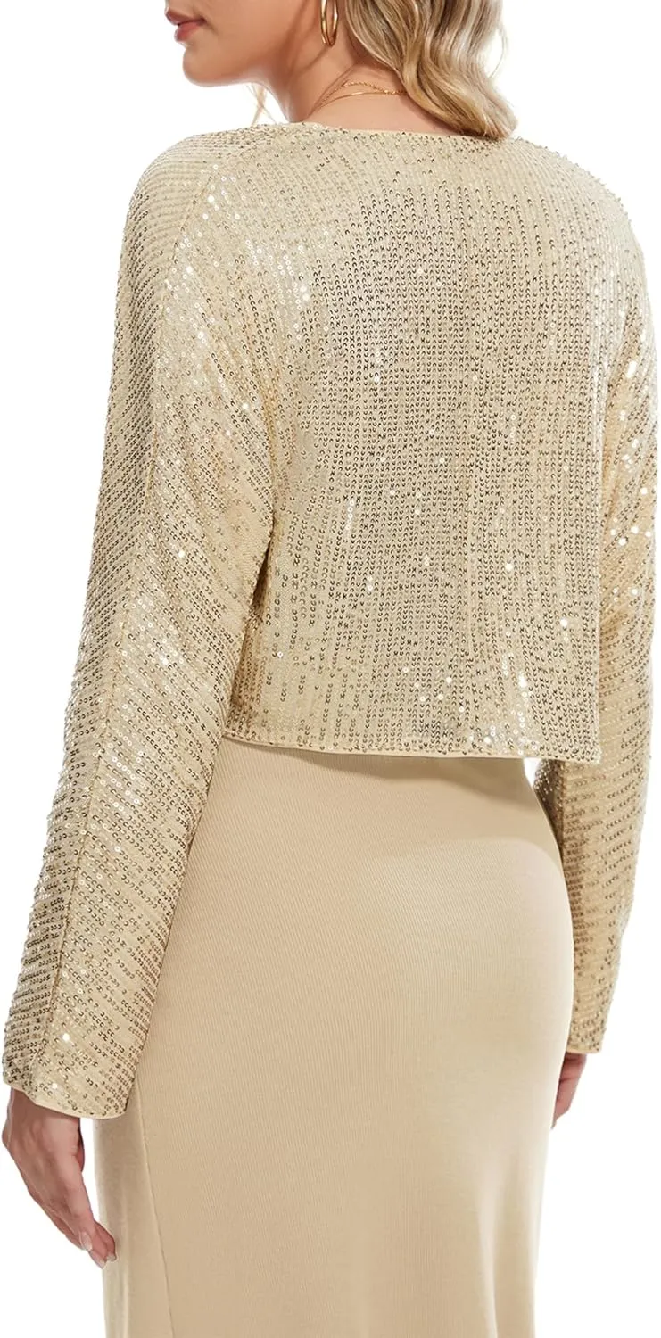 Genhoo Womens Sequin Bolero Shrug Long Sleeve Cropped Sparkly Cardigan Open Front Sequins Jackets for Dresses