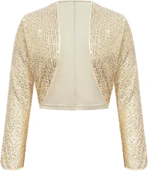 Genhoo Womens Sequin Bolero Shrug Long Sleeve Cropped Sparkly Cardigan Open Front Sequins Jackets for Dresses