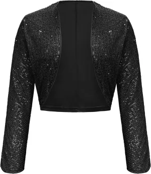 Genhoo Womens Sequin Bolero Shrug Long Sleeve Cropped Sparkly Cardigan Open Front Sequins Jackets for Dresses