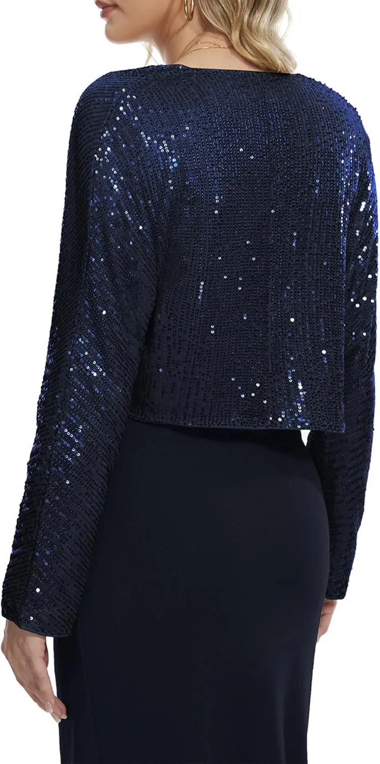 Genhoo Womens Sequin Bolero Shrug Long Sleeve Cropped Sparkly Cardigan Open Front Sequins Jackets for Dresses