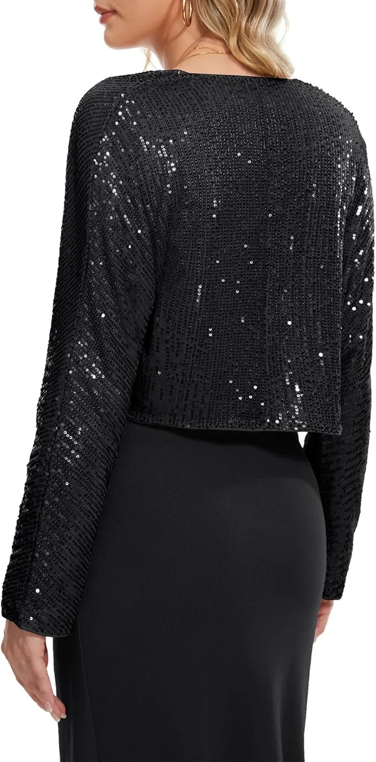 Genhoo Womens Sequin Bolero Shrug Long Sleeve Cropped Sparkly Cardigan Open Front Sequins Jackets for Dresses