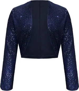 Genhoo Womens Sequin Bolero Shrug Long Sleeve Cropped Sparkly Cardigan Open Front Sequins Jackets for Dresses