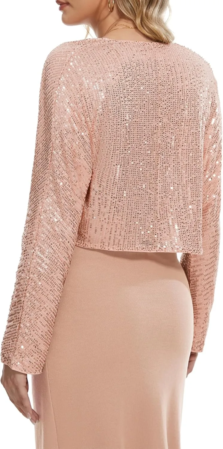 Genhoo Womens Sequin Bolero Shrug Long Sleeve Cropped Sparkly Cardigan Open Front Sequins Jackets for Dresses