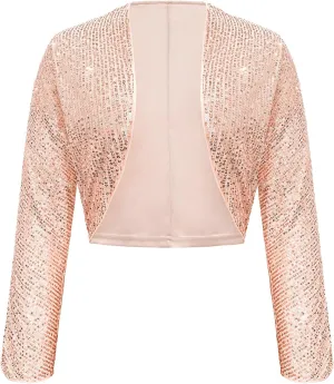 Genhoo Womens Sequin Bolero Shrug Long Sleeve Cropped Sparkly Cardigan Open Front Sequins Jackets for Dresses