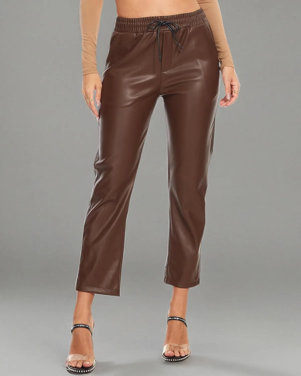 Ginasy Faux Leather Pants for Women High Waist Pleather Jogger Pants Straight Leg Trousers with Pockets