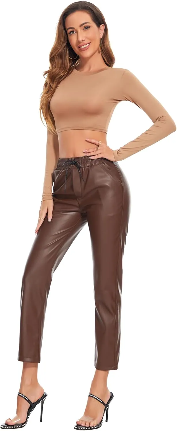 Ginasy Faux Leather Pants for Women High Waist Pleather Jogger Pants Straight Leg Trousers with Pockets