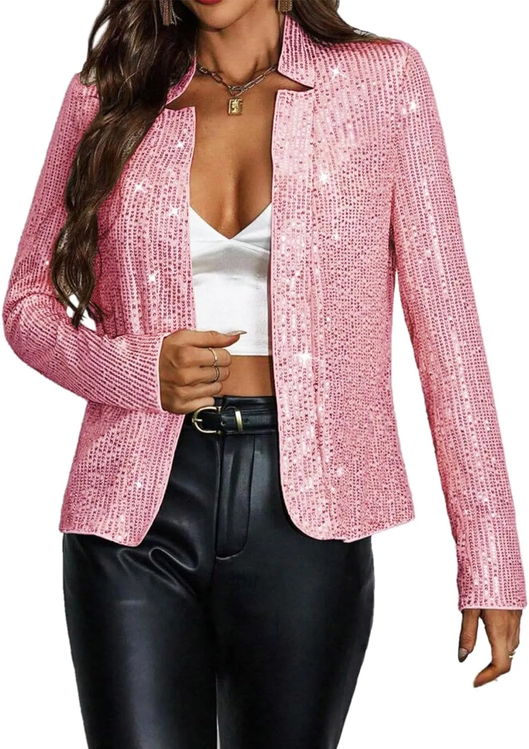 Giovacker Womens Sparkly Sequin Jackets Glitter Open Front Blazer Jacket Long Sleeve Cardigan Coat Rave Disco Party Outfits