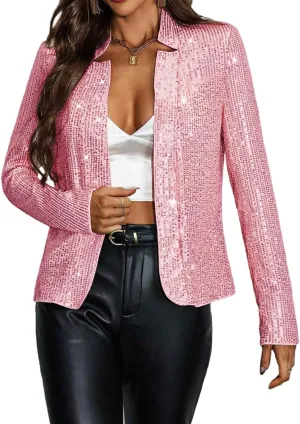 Giovacker Womens Sparkly Sequin Jackets Glitter Open Front Blazer Jacket Long Sleeve Cardigan Coat Rave Disco Party Outfits