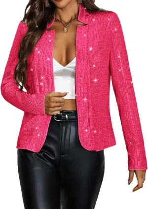 Giovacker Womens Sparkly Sequin Jackets Glitter Open Front Blazer Jacket Long Sleeve Cardigan Coat Rave Disco Party Outfits