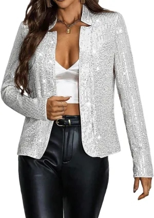 Giovacker Womens Sparkly Sequin Jackets Glitter Open Front Blazer Jacket Long Sleeve Cardigan Coat Rave Disco Party Outfits
