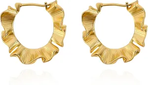 Gold Wave Hoop Earrings for Women 14K Gold Plated Minimalist Chunky Hoop Earrings Dainty Simple Hoop Dangle Texture Post Statement Earrings Trendy Summer Beach Vacation Party Jewelry Gift for Teen