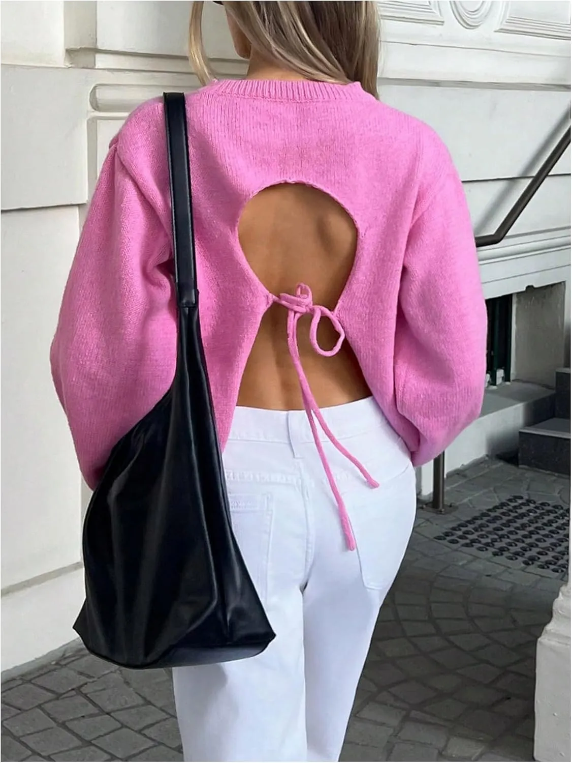 GORGLITTER Women's Bow Open Back Sweater Top Trendy Long Sleeve Backless Drop Shoulder Mock Neck Cable Knit Sweaters