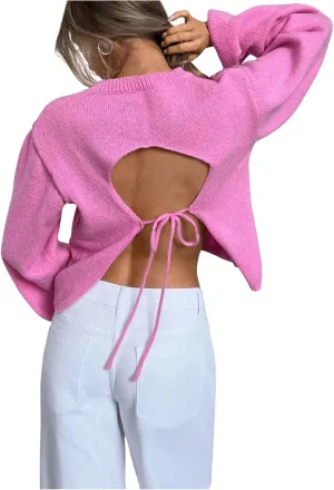 GORGLITTER Women's Bow Open Back Sweater Top Trendy Long Sleeve Backless Drop Shoulder Mock Neck Cable Knit Sweaters