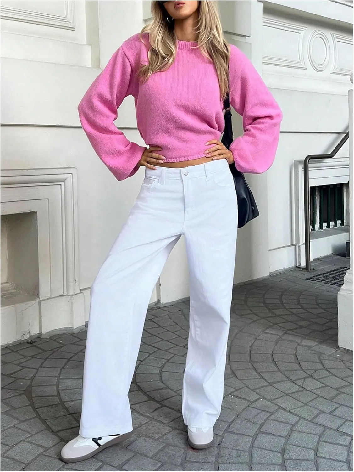 GORGLITTER Women's Bow Open Back Sweater Top Trendy Long Sleeve Backless Drop Shoulder Mock Neck Cable Knit Sweaters