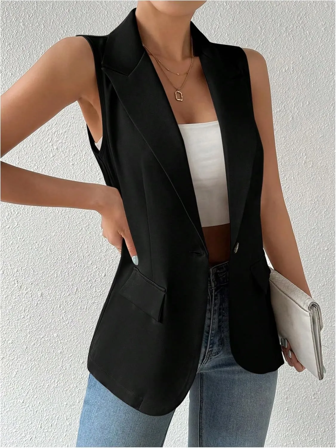 GORGLITTER Women's Plaid Sleeveless Blazer Vest Lapel Neck Open Front Office Work Lightweight Long Vest Tops