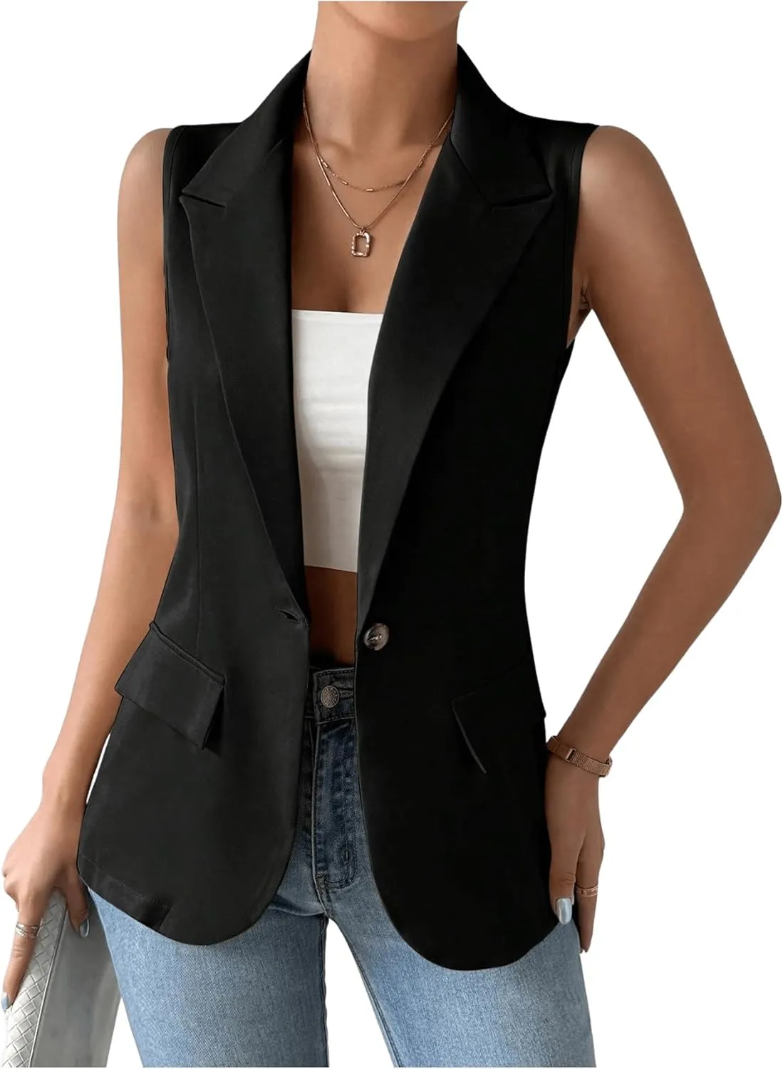GORGLITTER Women's Plaid Sleeveless Blazer Vest Lapel Neck Open Front Office Work Lightweight Long Vest Tops