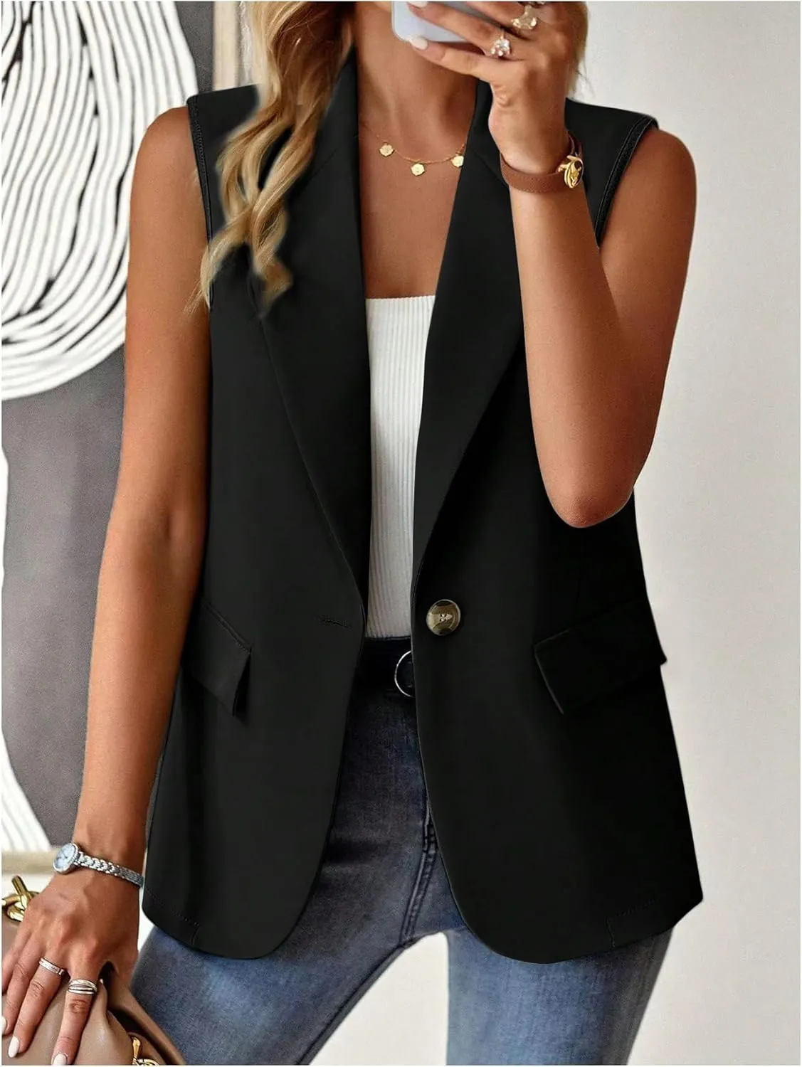 GORGLITTER Women's Plaid Sleeveless Blazer Vest Lapel Neck Open Front Office Work Lightweight Long Vest Tops